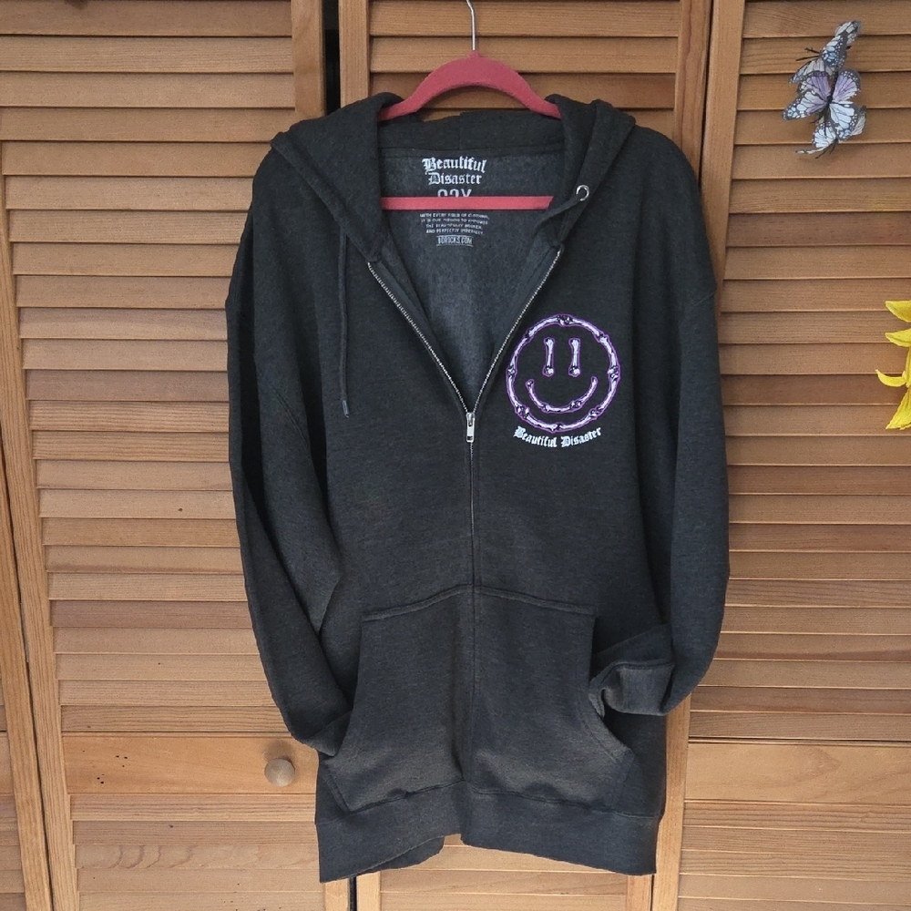 Women's Beautiful Disaster Charcoal Zip Up Hoodie Peace, Love & Happiness Design - Picture 6 of 6